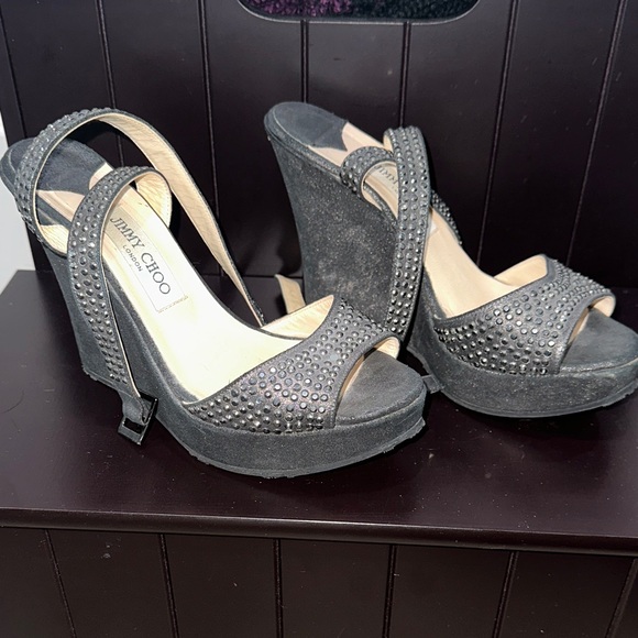 Jimmy Choo Black Studded Wedge Sandals - Picture 1 of 4